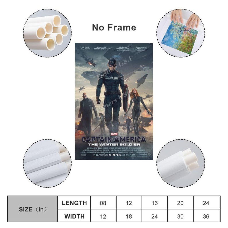 Puede incluir: Un p&oacute;ster de la pel&iacute;cula Capit&aacute;n Am&eacute;rica: El Soldado de Invierno. El p&oacute;ster presenta al Capit&aacute;n Am&eacute;rica, Viuda Negra y otros personajes. El p&oacute;ster est&aacute; disponible en varios tama&ntilde;os, con longitudes de 20 cm a 61 cm y anchos de 30 cm a 91 cm.