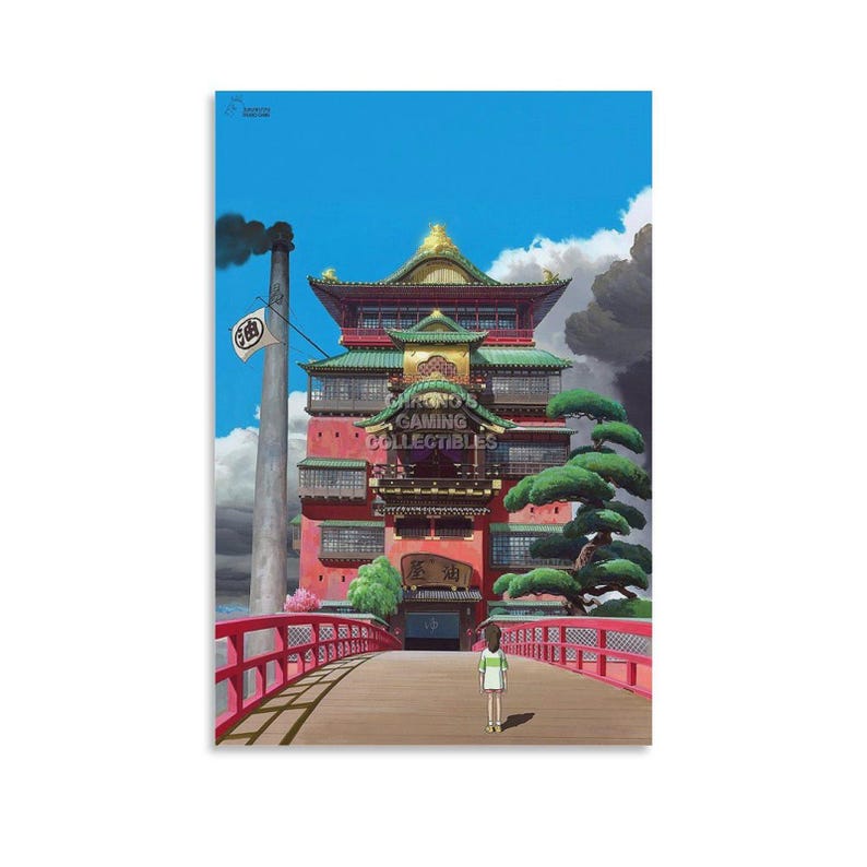 May include: A poster featuring a vibrant illustration of a Japanese-style building with a red bridge and a character walking towards it. The sky is blue with clouds and a smokestack. The text "GAMING COLLECTIBLES" is visible.