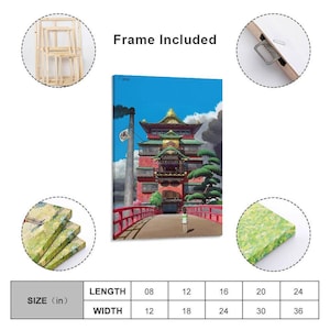 May include: A canvas print of a colorful Japanese-style building with a red bridge and a figure walking towards it. The sky is blue with clouds. The print is available in various sizes, with the smallest being 8 inches in length and 12 inches in width.