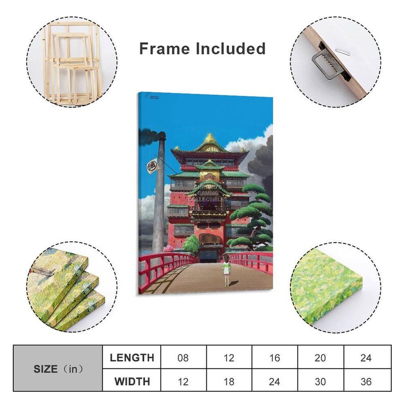 May include: A canvas print of a colorful Japanese-style building with a red bridge and a figure walking towards it. The sky is blue with clouds. The print is available in various sizes, with the smallest being 8 inches in length and 12 inches in width.