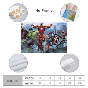 May include: A colorful canvas print featuring a group of superheroes, including Iron Man, Hulk, Captain America, and Black Widow. The print is labeled "No Frame" and includes size options in inches, with lengths from 12 to 36 inches and widths from 8 to 24 inches.