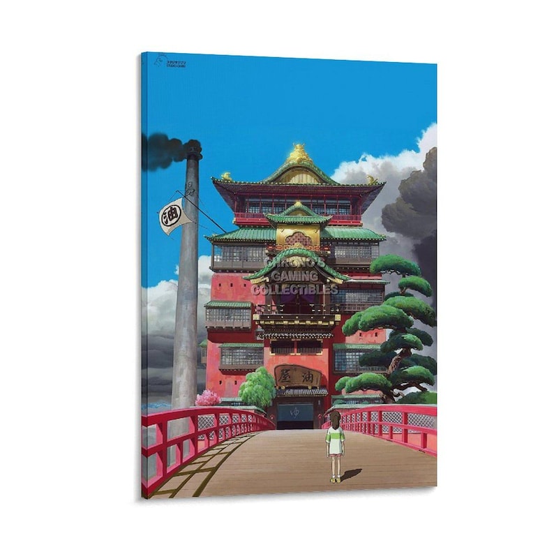 May include: A vibrant canvas print featuring a scene from the animated film, Spirited Away. The artwork depicts a red building with a green roof, a red bridge, and a character standing on the bridge. The sky is blue with clouds.