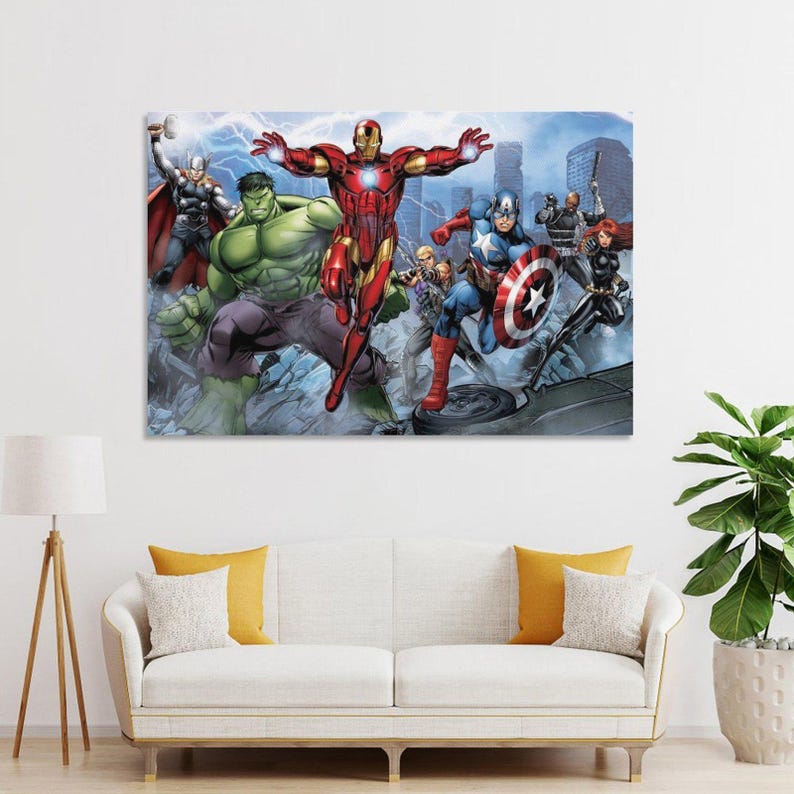 May include: A canvas print featuring a group of superheroes, including Iron Man, Hulk, Captain America, and Thor, against a cityscape backdrop. The artwork showcases vibrant colors and dynamic poses, with lightning effects in the background.