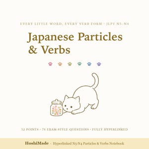 May include: A digital notebook cover titled Japanese Particles & Verbs, featuring the text Every Little Word, Every Verb Form, JLPT N5-N4, 52 Points, 74 Exam-Style Questions, Fully Hyperlinked, and HoshiMade. A line drawing of a cat playing with a jar.