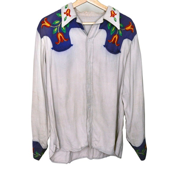 Vintage 70s Western Embroidery Two Tone Snap Mens