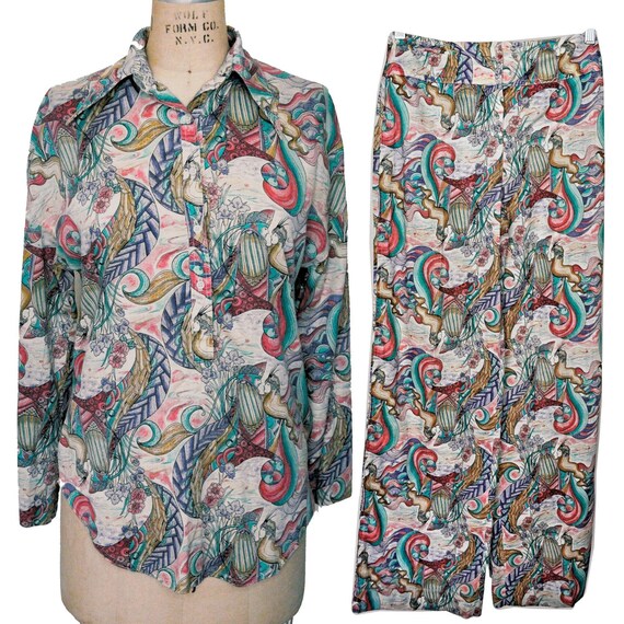 Vintage 70s Novelty Fantasy Print Shirt Pants Set