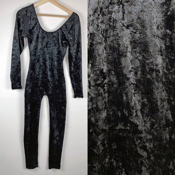 Vintage 1990s Black Crush Velvet Leotard Catsuit J