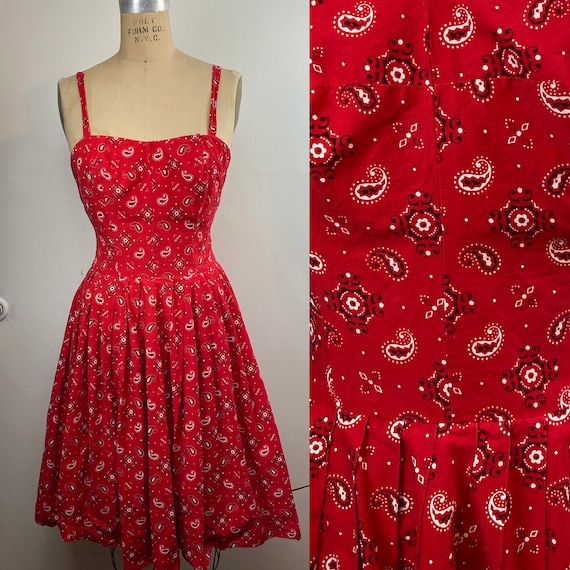 Vintage 1950s Bandana. Hoedown Red Floral Country