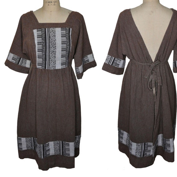 Vintage 70s Open Back Empire Waist Brown Festival