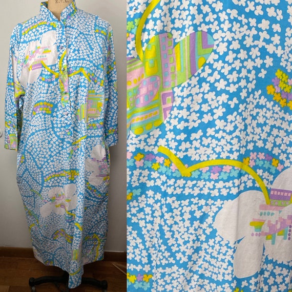 Vintage 1970s Baby Blue Floral Caftan Maxi Dress C