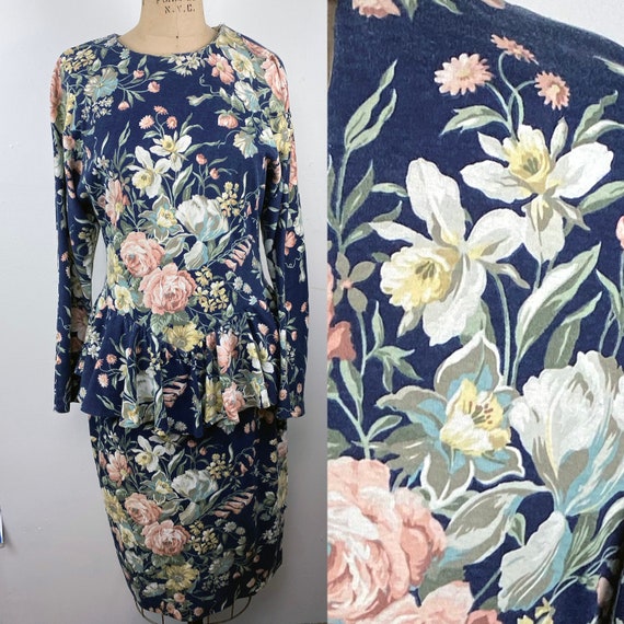 Vintage 1980s Blue Floral Wallpaper Peplum Secreta