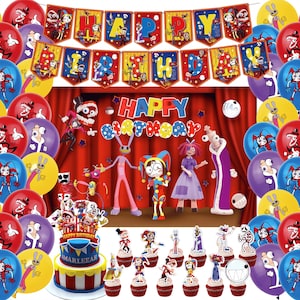 May include: A colourful birthday party set-up with balloons, a banner reading "Happy Birthday", and a cake. The balloons are red, yellow, blue, and purple. There are several character figurines and cupcake toppers. The cake has the name "Marleefar" on it.