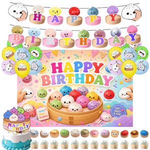 Kawaii Squishy Dumpling Birthday Decor Set, Pastel Buns Backdrop Banner Balloons Cake Toppers