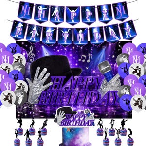 Op de afbeelding: Een feestdecoratieset met een paars en zwart thema met silhouetten van een danser, een zwarte fedora, een handschoen met lovertjes en een microfoon. Bevat een Happy Birthday-banner, ballonnen met muzieknoten en taarttoppers met danshoudingen.