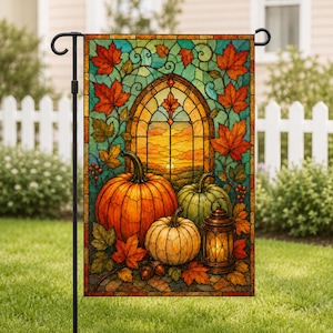 Autumn Garden Flag, Stained Glass Style Pumpkin Flag, Fall Lantern and Maple Leaf Yard Decor, Thanksgiving Porch Decoration