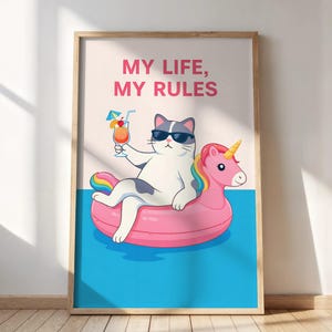 Funny Cat Wall Art Printable, My Life My Rules Poster, Unicorn Pool Float Cat, Summer Humor Print, Digital Download Gift