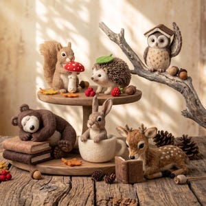 Puede incluir: Una colección de figuras de animales del bosque hechas de lana fieltrada, incluyendo una ardilla con un hongo rojo, un erizo, un búho en una rama, un oso durmiendo sobre libros, un conejo en una taza y un cervatillo leyendo un libro.