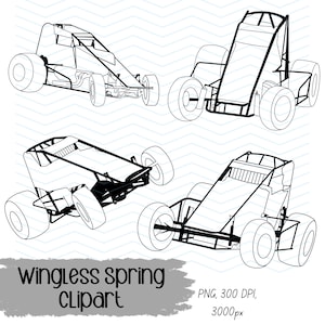May include: Black and white line art of four wingless sprint race cars. The cars have large tires, open cockpits, and roll cages. The text "Wingless spring Clipart" is at the bottom.