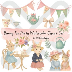 Tea Party Clipart ~ Hase Geburtstag ~ Bunny Tea Party Clipart Set ~ Chic Tea Party ~ 14 PNG Dateien ~ Instant Download