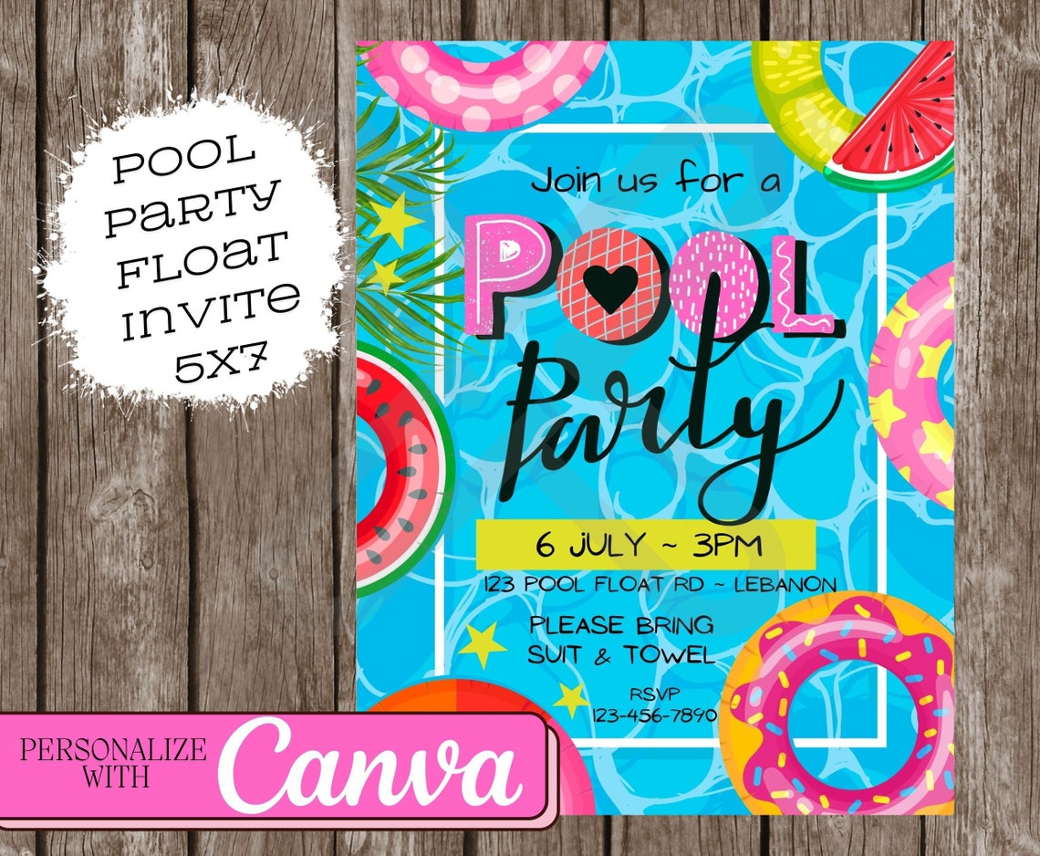 Pool Floating Line Template Pool Party Float Invitation ~ Canva Template ~ Personalized Invite ...