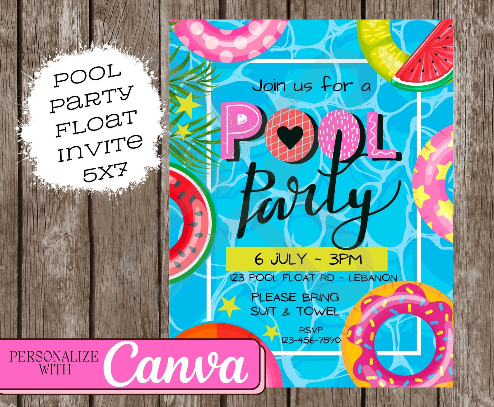 Floating Invite Pool Party Float Invitation ~ Canva Template ~ Personalized Invite ...