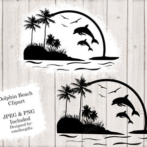 Delfin Strand Clipart ~ JPG und PNG inklusive ~ Strand Sonnenuntergang Clipart ~ Sofortiger Download ~ Strand Clipart ~ Palme Clipart ~ Delfin Clipart