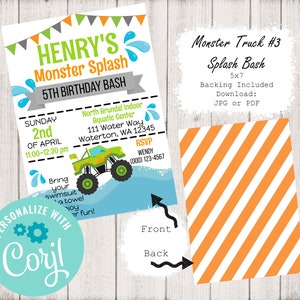 Monster Truck 5x7 Invitation ~ Monster Truck Birthday ~ Birthday Party ~ Monster Truck Invitation ~ Corjl Edit & Download ~ JPG and PNG