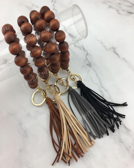 Wooden Bangle Keychain Wood Bead Wristlet Wooden Bead Bracelet