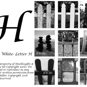 May include: Black and white images of the letter H, created using different objects. The letter H is formed using a fence, a pile of rocks, a metal gate, and a wooden fence.