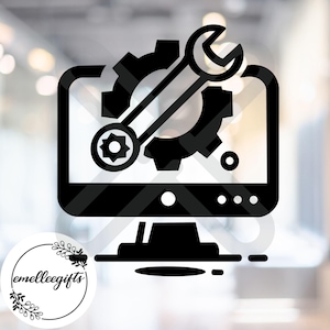 May include: Black and white illustration of a computer monitor with a gear and wrench inside. The gear and wrench are symbols of computer repair.