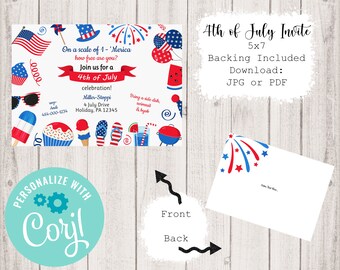 4th of July 5x7 Invitation ~ Holiday Party ~  4th of July Party  ~ July 4th BBQ ~ 2 Formats ~ JPEG & PDF ~ Corjl Editable