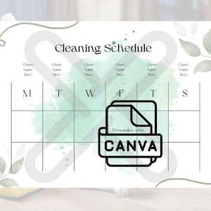 Peut inclure: Un modèle de planning de nettoyage imprimable avec un fond aquarelle vert et un logo Canva. Le modèle est conçu pour un planning de nettoyage hebdomadaire avec les jours de la semaine étiquetés M, T, W, F, T, S.