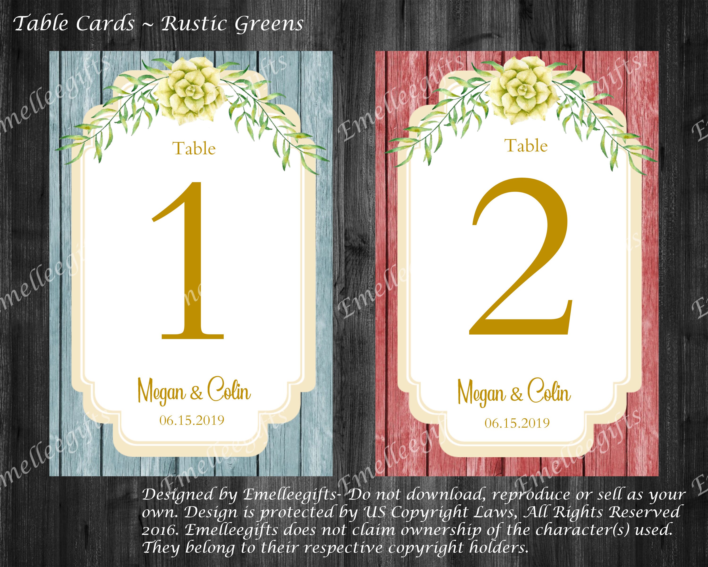 Wedding Table Cards Rustic Greens Etsy