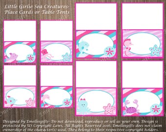 Little Girlie Sea Creatures Place Cards or Table Tents (2) *INSTANT DOWNLOAD*