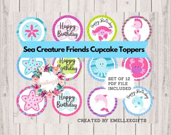 Little Girlie Sea Creature Friends Cupcake Toppers ~INSTANT DOWNLOAD~ Under the Sea Birthday Party ~ Sea Creature Birthday Cupcake Toppers