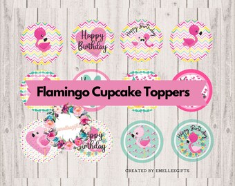 Tropical Flamingos Cupcake Toppers ~ INSTANT DOWNLOAD~ Flamingo Birthday Cupcake Toppers