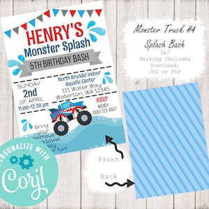 Monster Truck 5x7 Invitation ~ Monster Truck #4 Birthday ~ Birthday Party ~ Monster Truck Invitation ~ Corjl Edit & Download ~ JPG and PNG