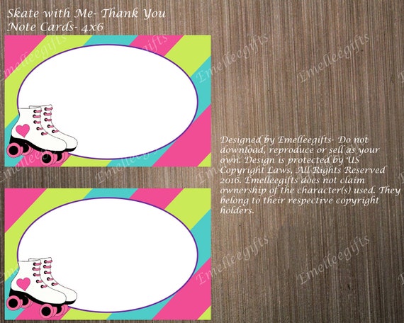 Skate With Me 4x6 Thank You Note Cards INSTANT DOWNLOAD 