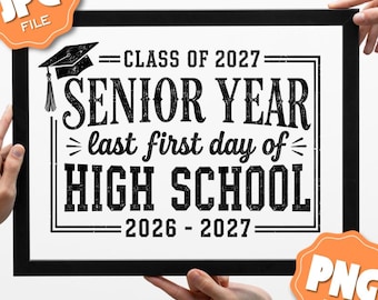 Placa para foto de formatura do último ano, estilo vintage, para a turma de 2027, disponível para download digital.