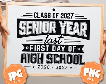 Placa para foto de formatura do último ano, estilo vintage, para a turma de 2027, disponível para download digital.