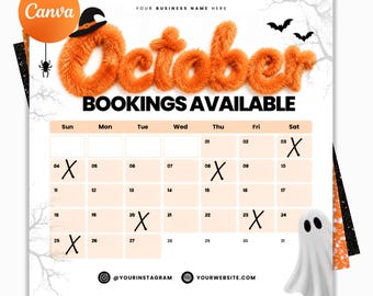 Modelo de Flyer para Agendamento de Outubro | Flyer Editável no Canva com Design Branco para Salão de Cabeleireiro, Extensão de Cílios, Unhas, Tranças e Maquiagem