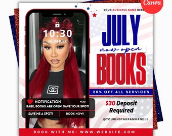Juli-Buchung-Flyer, Juli-Buchungen, 4.Juli-Buchung-Flyer, Juli-Bücher offen, Termin-Flyer, Haare, Nägel, Wimpern, Make-up, Book Now Flyer