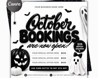Modelo de Flyer de Reservas para Outubro, Flyer de Reservas para o Halloween, Modelo de Agendamento para Salão de Cabelo, Cílios e Unhas no Canva, Flyer para Evento de Halloween, Flyer de Promoção