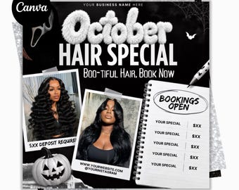 Panfleto com ofertas especiais de cabelo para outubro, Panfleto com ofertas de cabelo para o Halloween, Panfleto com promoções de trancistas e perucas para outubro, Panfleto com ofertas de cabelo, Instalação de perucas em outubro