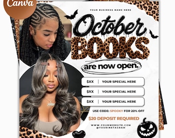 Modelo de Flyer de Reservas para Outubro, Flyer de Reservas para o Halloween, Modelo de Agendamento para Salão de Cabelo, Cílios e Unhas no Canva, Flyer para Evento de Halloween, Flyer de Promoção
