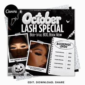 Puede incluir: Un folleto promocional negro para una oferta especial de pestañas de octubre con dos fotos estilo polaroid de ojos con pestañas largas, un cuaderno de espiral blanco con el texto Bookings Open, una calabaza blanca y el texto October Lash Special.