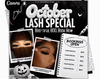 Modelo de Flyer para Agendamento de Extensão de Cílios em Outubro, Flyer para Agendamento de Extensão de Cílios no Halloween, Flyer de Promoção de Extensão de Cílios em Outubro, Flyer com Ofertas de Extensão de Cílios, Agendamento de Extensão de Cílios no Canva