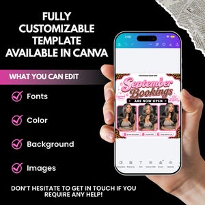 Puede incluir: Una plantilla de folleto digital para reservas de septiembre mostrada en la pantalla de un tel&eacute;fono inteligente. El dise&ntilde;o presenta detalles de estampado de leopardo rosa, tres espacios para fotos de una persona con cabello oscuro y el texto September Bookings Are Now Open.