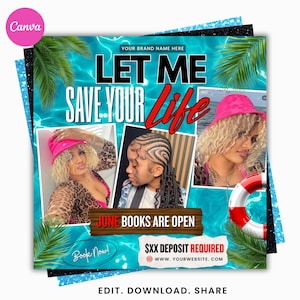 May include: A promotional graphic with a turquoise water background and the text "LET ME SAVE YOUR Life". It features three photos of a woman wearing a pink hat and leopard print top. The text "JUNE BOOKS ARE OPEN" is also present.