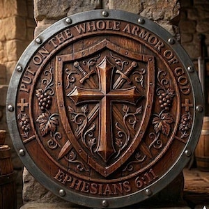 May include: A circular wooden shield featuring a carved cross, swords, and grape vine motifs. The inscription reads "PUT ON THE WHOLE ARMOR OF GOD" and "EPHESIANS 6:11". It has a metal rim and is set against a stone wall background.